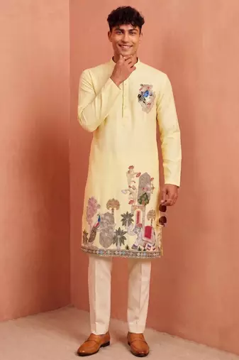 Men polystar & satin silk beads & embroidered work kurta set