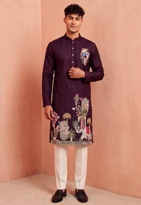 Men polystar & satin silk beads & embroidered work kurta set 1