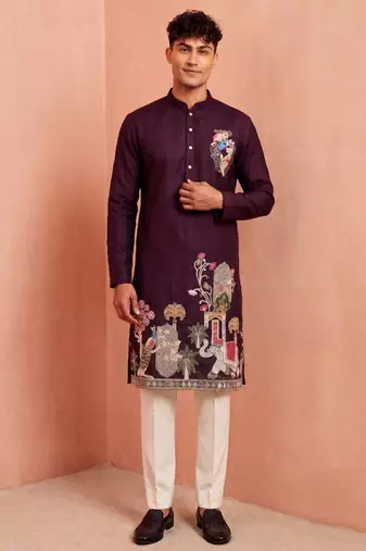 Men polystar & satin silk beads & embroidered work kurta set
