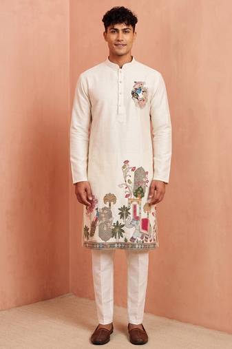 Men polystar & satin silk beads & embroidered work kurta set