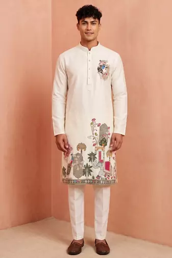 Men polystar & satin silk beads & embroidered work kurta set