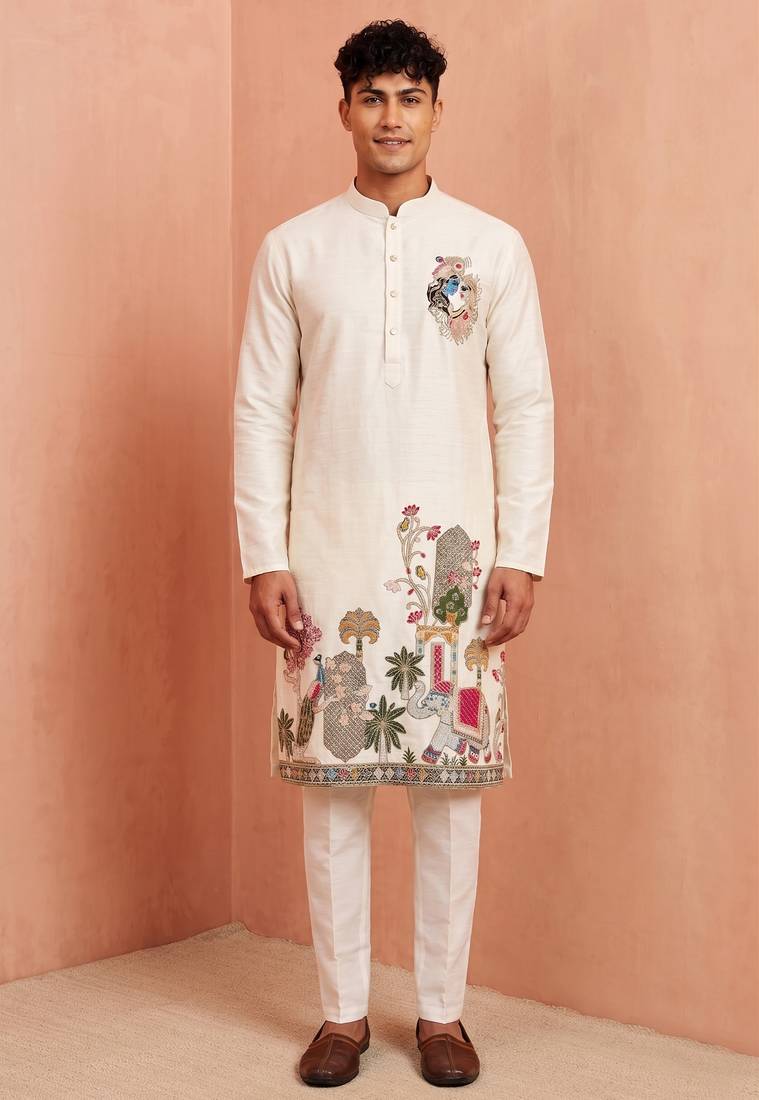 Men polystar & satin silk beads & embroidered work kurta set