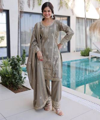 Grey silk blend embroidered palazzo set 1