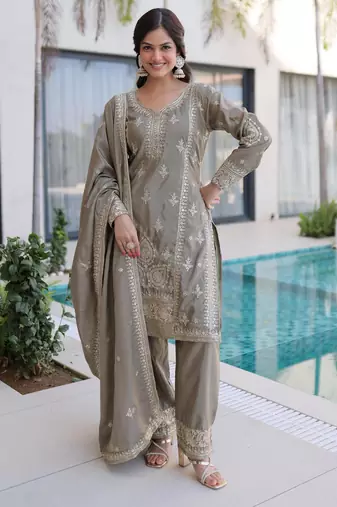 Grey silk blend embroidered palazzo set
