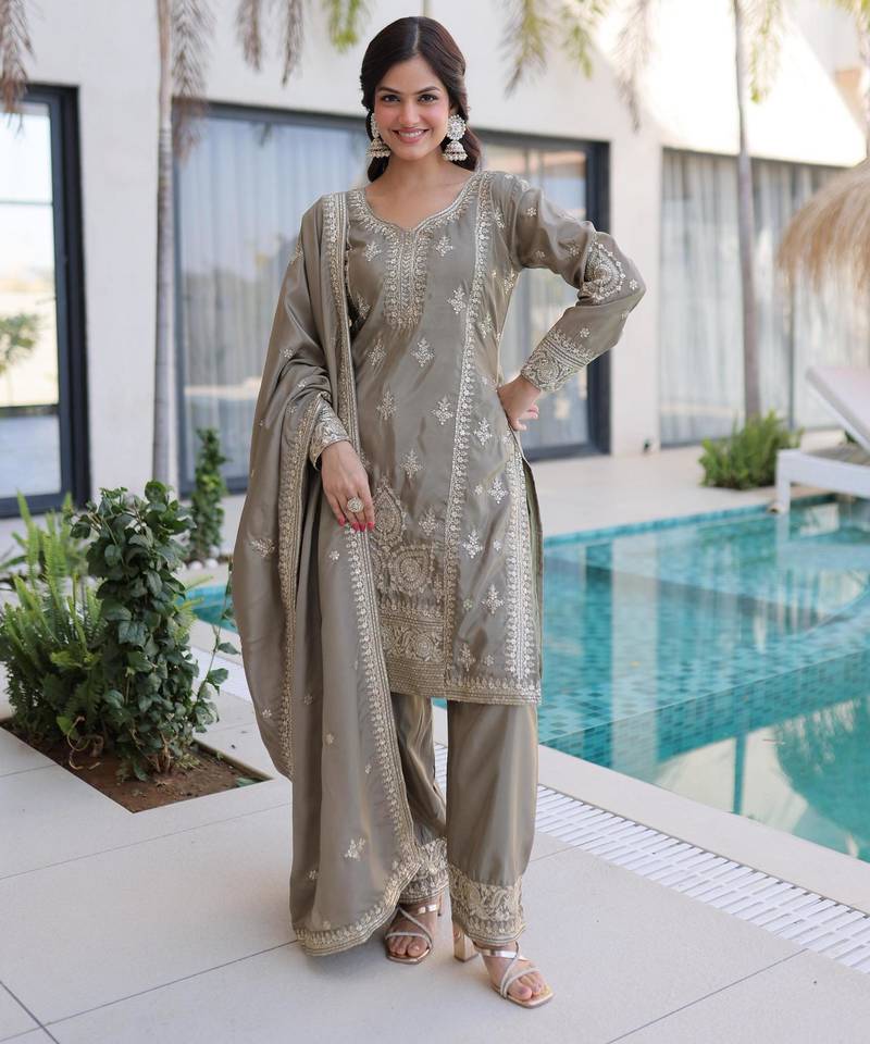 Grey silk blend embroidered palazzo set