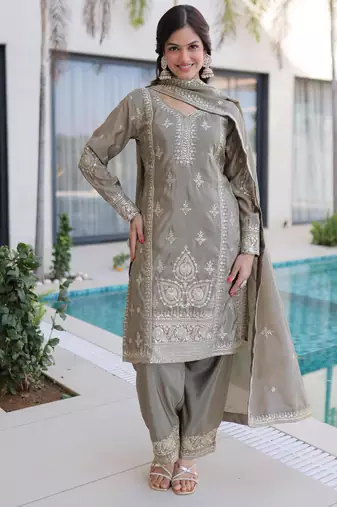 Grey silk blend embroidered palazzo set