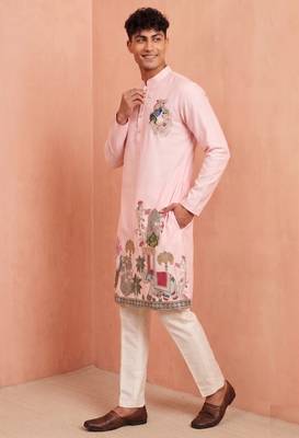 Men polystar & satin silk beads & embroidered work kurta set 3