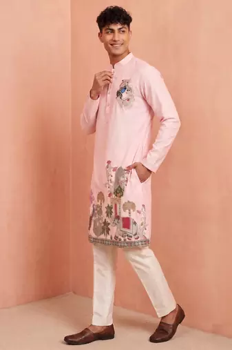Men polystar & satin silk beads & embroidered work kurta set