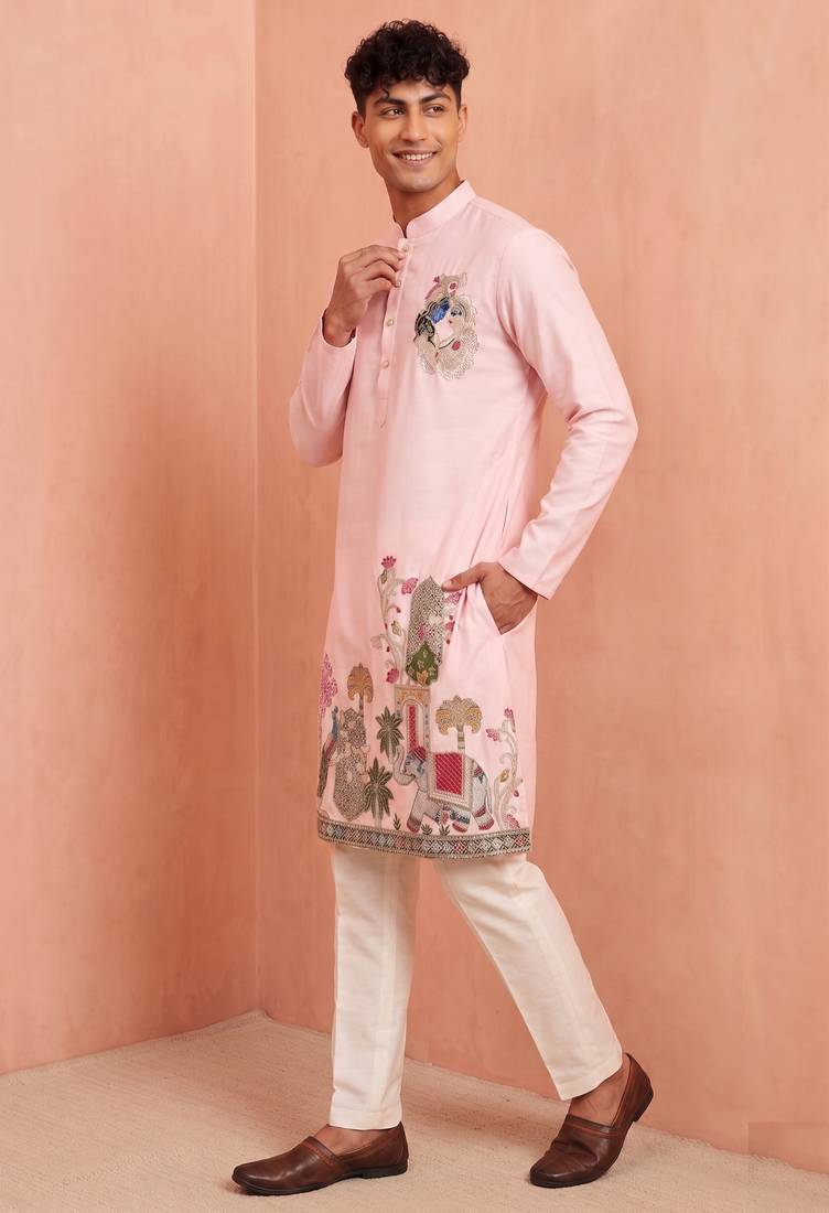 Men polystar & satin silk beads & embroidered work kurta set