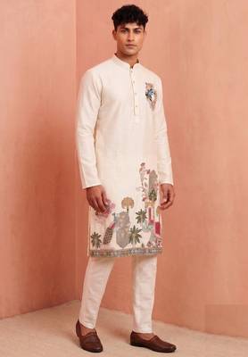 Men polystar & satin silk beads & embroidered work kurta set 2