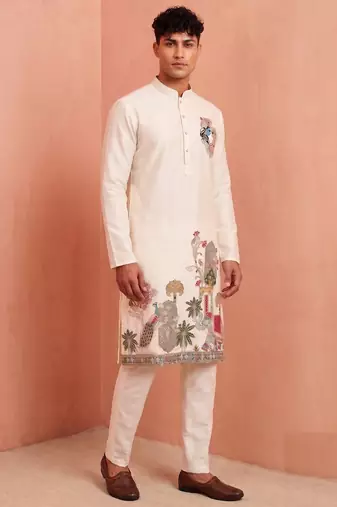 Men polystar & satin silk beads & embroidered work kurta set