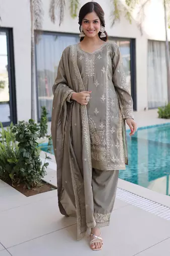 Grey silk blend embroidered palazzo set