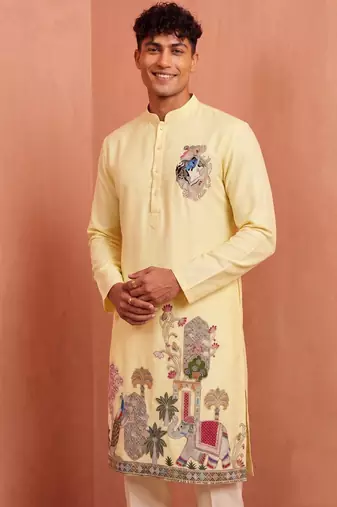 Men polystar & satin silk beads & embroidered work kurta set