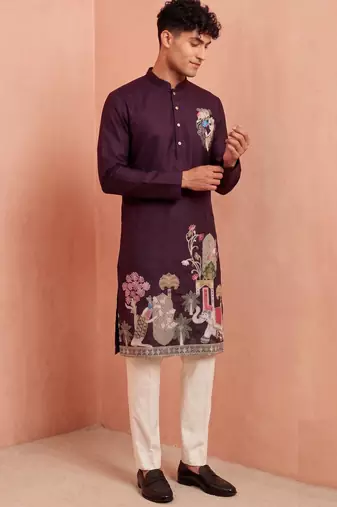 Men polystar & satin silk beads & embroidered work kurta set