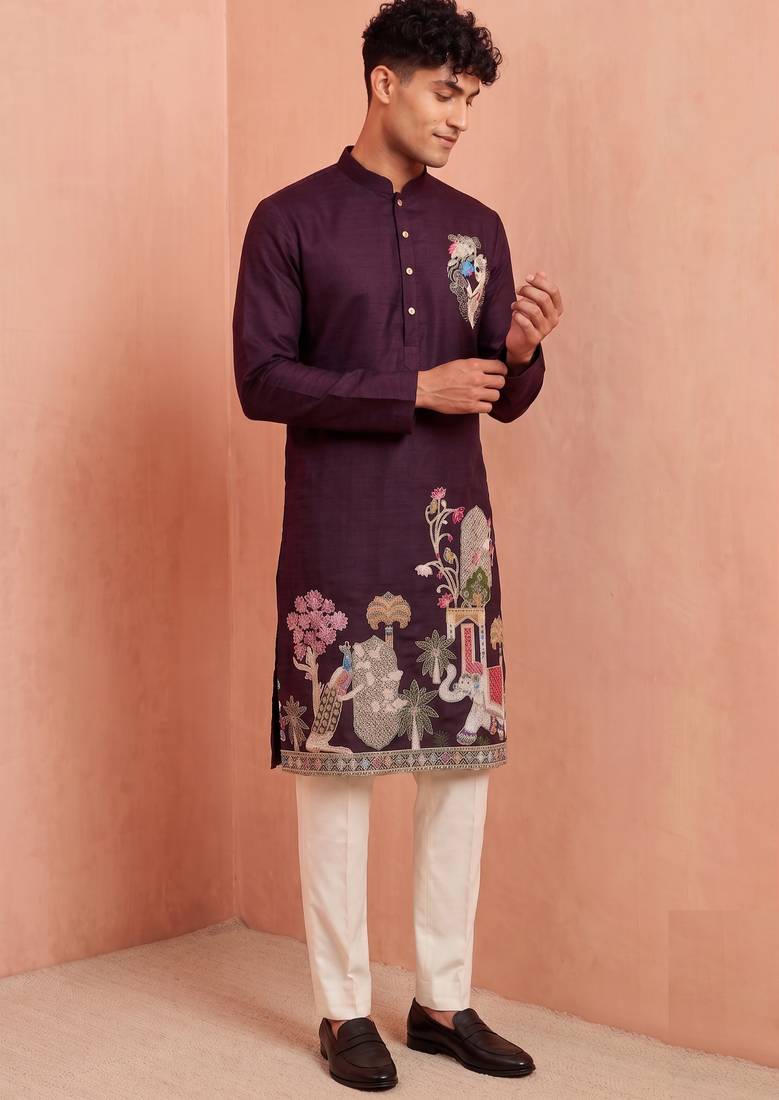 Men polystar & satin silk beads & embroidered work kurta set