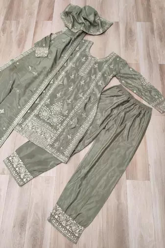 Grey silk blend embroidered palazzo set