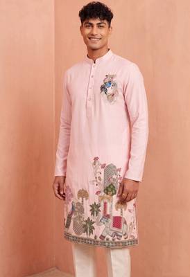 Men polystar & satin silk beads & embroidered work kurta set 4