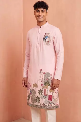 Men polystar & satin silk beads & embroidered work kurta set