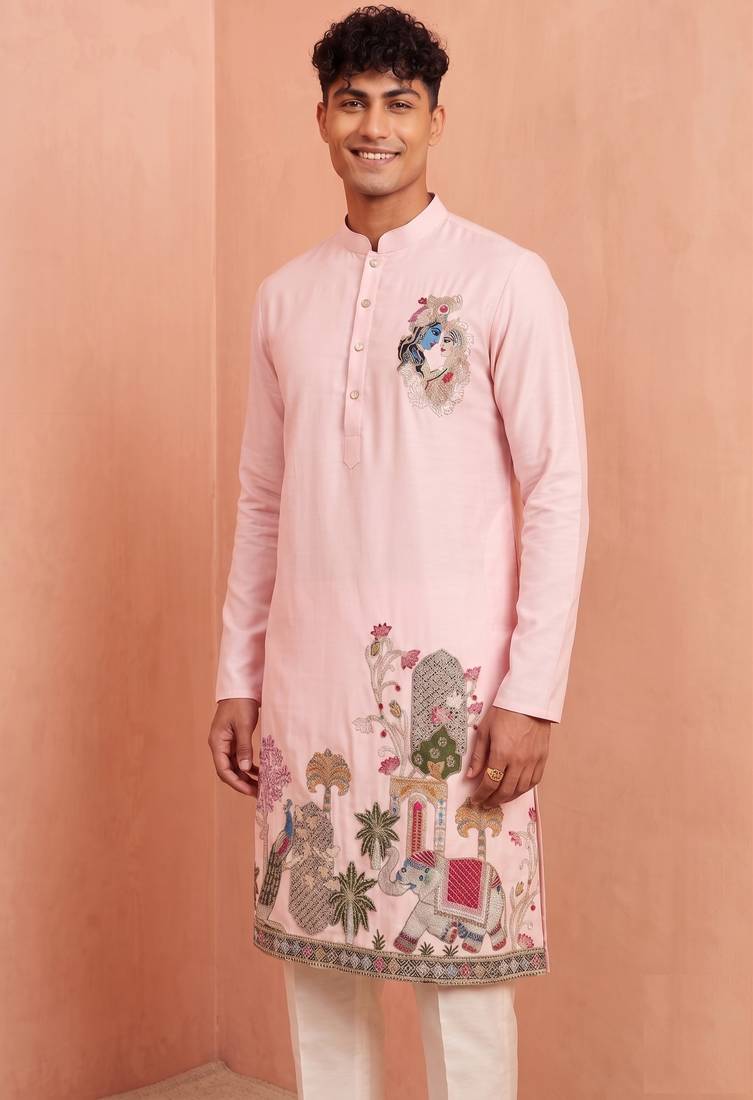 Men polystar & satin silk beads & embroidered work kurta set