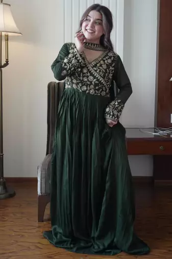 Green silk blend embroidered flared gown set