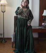 Green silk blend embroidered flared gown set