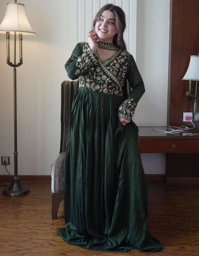 Green silk blend embroidered flared gown set