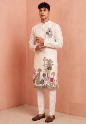 Men polystar & satin silk beads & embroidered work kurta set 3