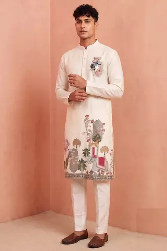 Men polystar & satin silk beads & embroidered work kurta set