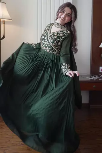 Green silk blend embroidered flared gown set