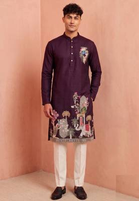Men polystar & satin silk beads & embroidered work kurta set 3
