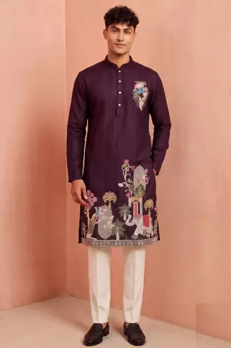 Men polystar & satin silk beads & embroidered work kurta set