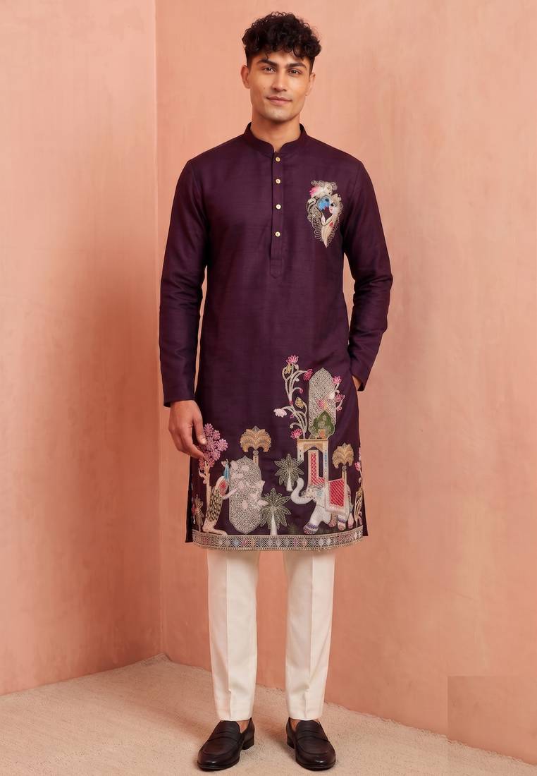 Men polystar & satin silk beads & embroidered work kurta set