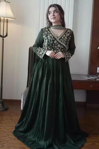 Green silk blend embroidered flared gown set