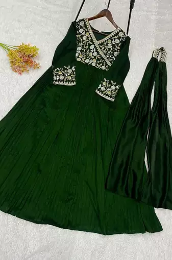 Green silk blend embroidered flared gown set