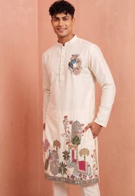 Men polystar & satin silk beads & embroidered work kurta set 4