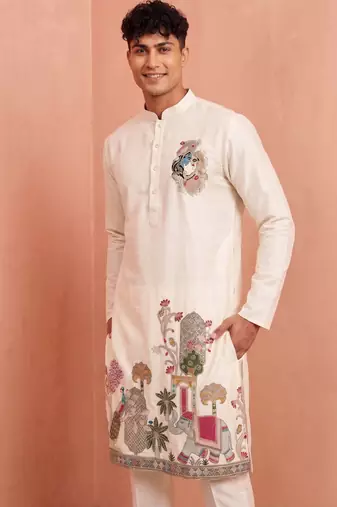 Men polystar & satin silk beads & embroidered work kurta set
