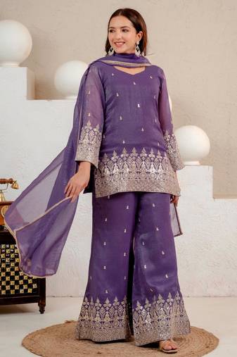 Purple silk blend embroidered palazzo set