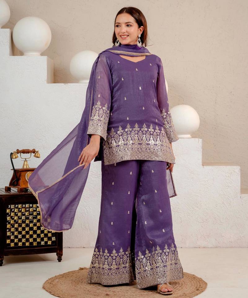 Purple silk blend embroidered palazzo set