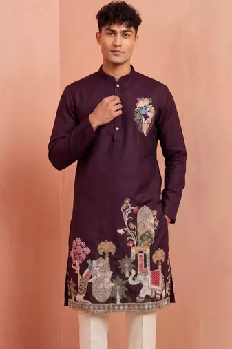 Men polystar & satin silk beads & embroidered work kurta set