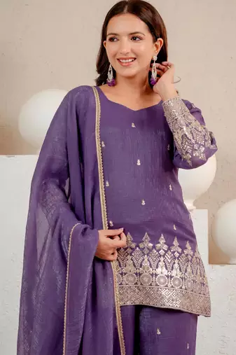 Purple silk blend embroidered palazzo set