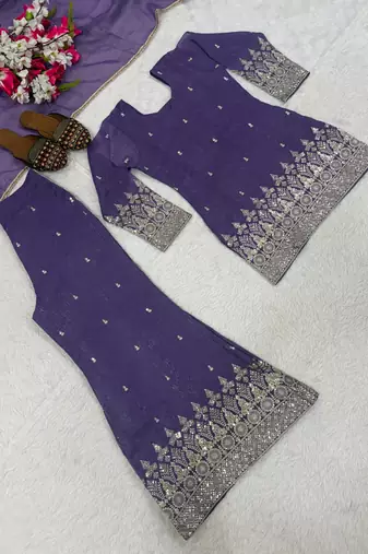 Purple silk blend embroidered palazzo set