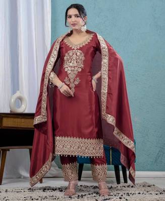 Brown silk blend embroidered farshi salwar set 2