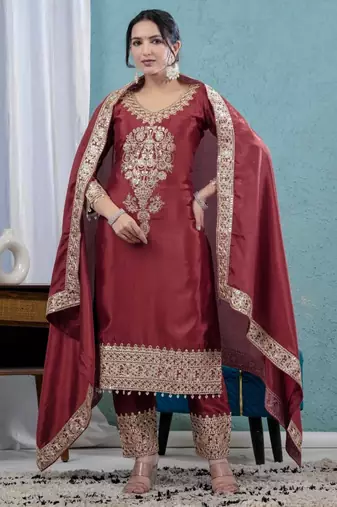 Brown silk blend embroidered farshi salwar set