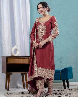 Brown silk blend embroidered farshi salwar set 3