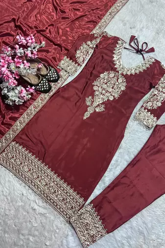 Brown silk blend embroidered farshi salwar set