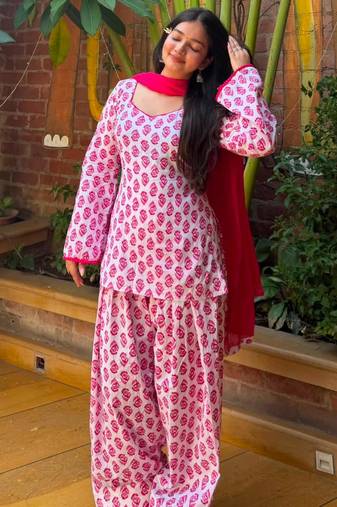 White cotton poly printed farshi salwar set