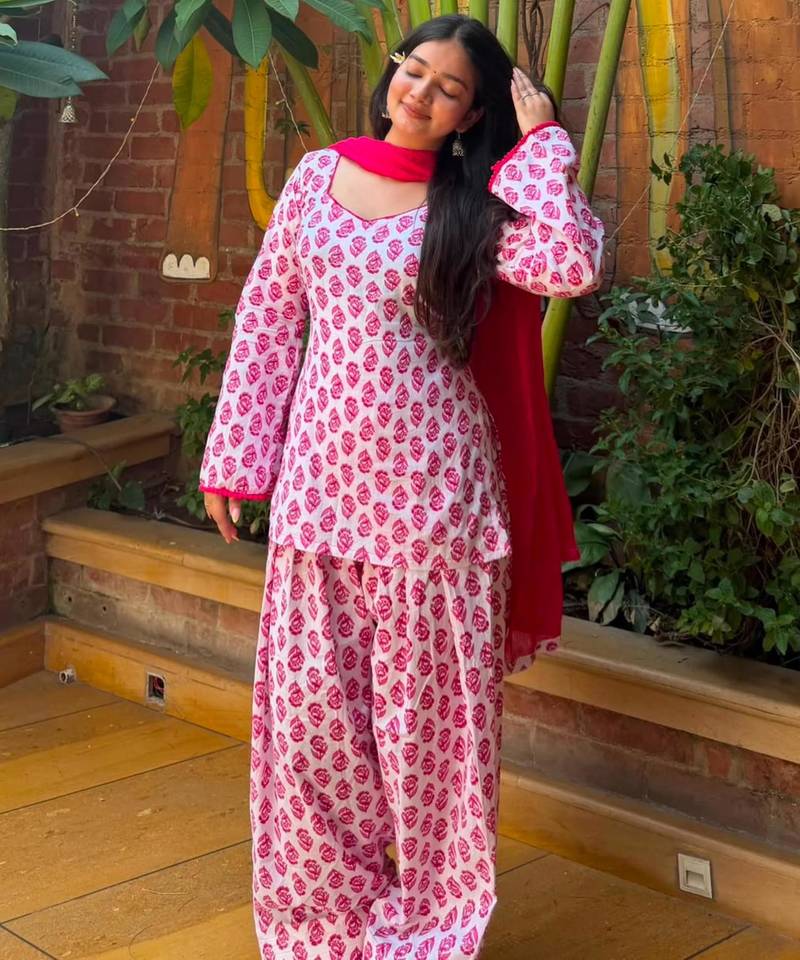White cotton poly printed farshi salwar set