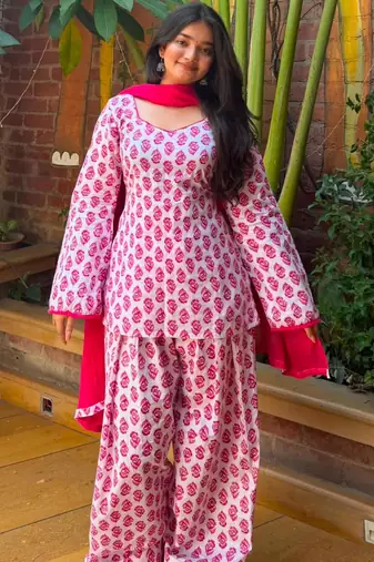White cotton poly printed farshi salwar set