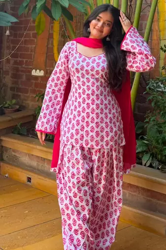 White cotton poly printed farshi salwar set