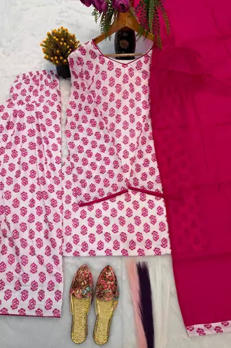 White cotton poly printed farshi salwar set
